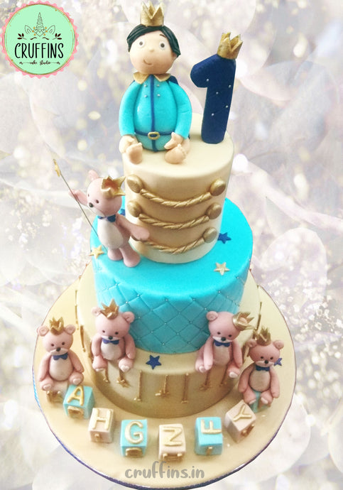 three tiers prince and teddy bear crown cake