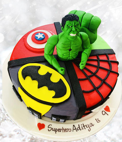avengers theme cake with hulk batman spiderman