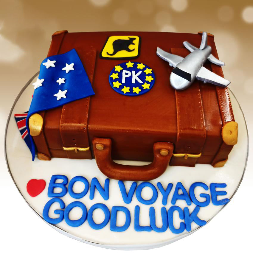 bon voyage suitcase australia theme cake
