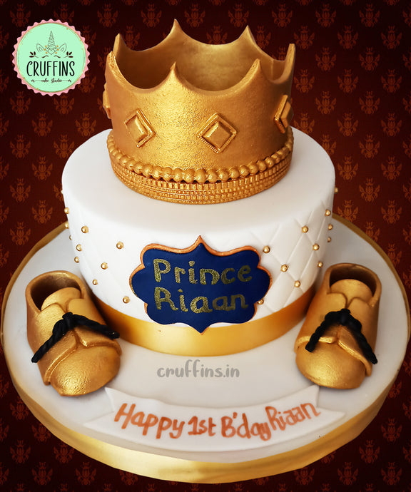 first birthday crown and shoes gold cake