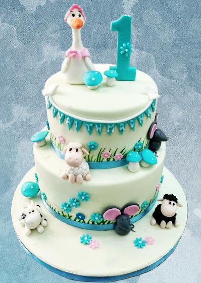 first birthday farm animals theme two tier cake