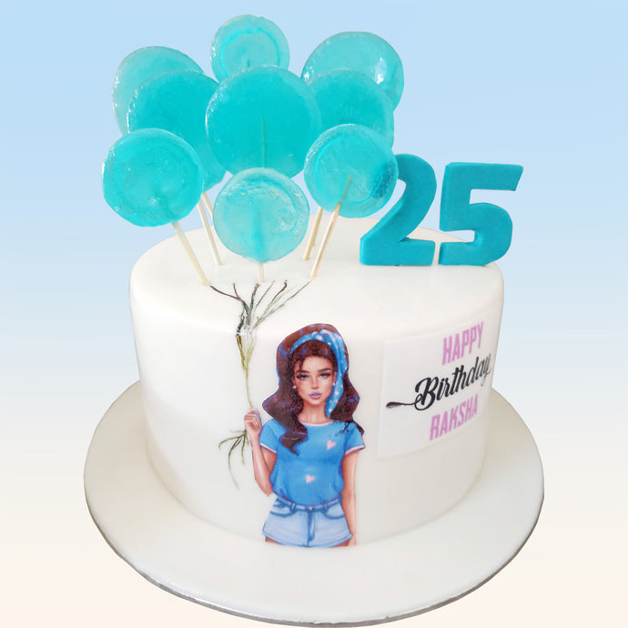 girl with lollipop balloons cake
