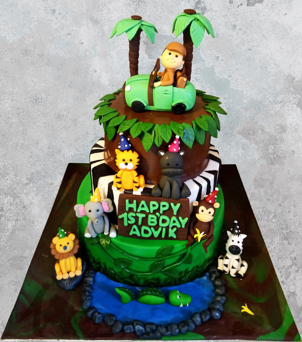 jungle safari animals theme 3 tier cake