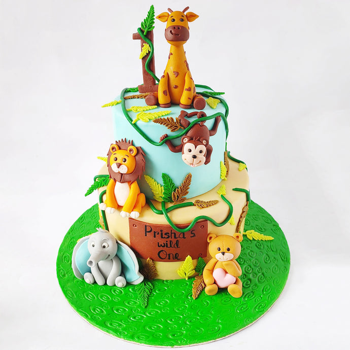 jungle first birthday woodland animals cake