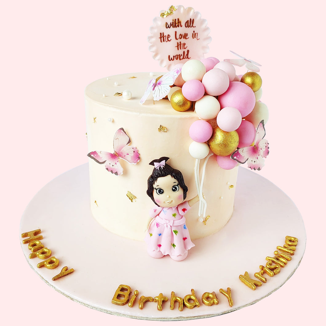 Little Girl with Balloons and Butterflies Theme Cake