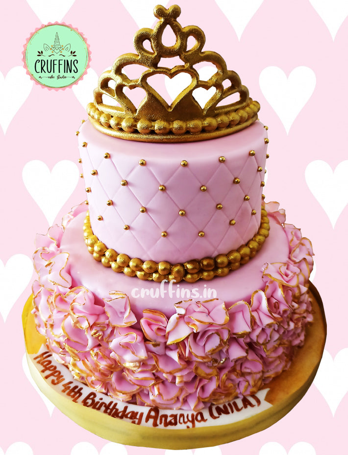princess pink ruffles crown theme cake