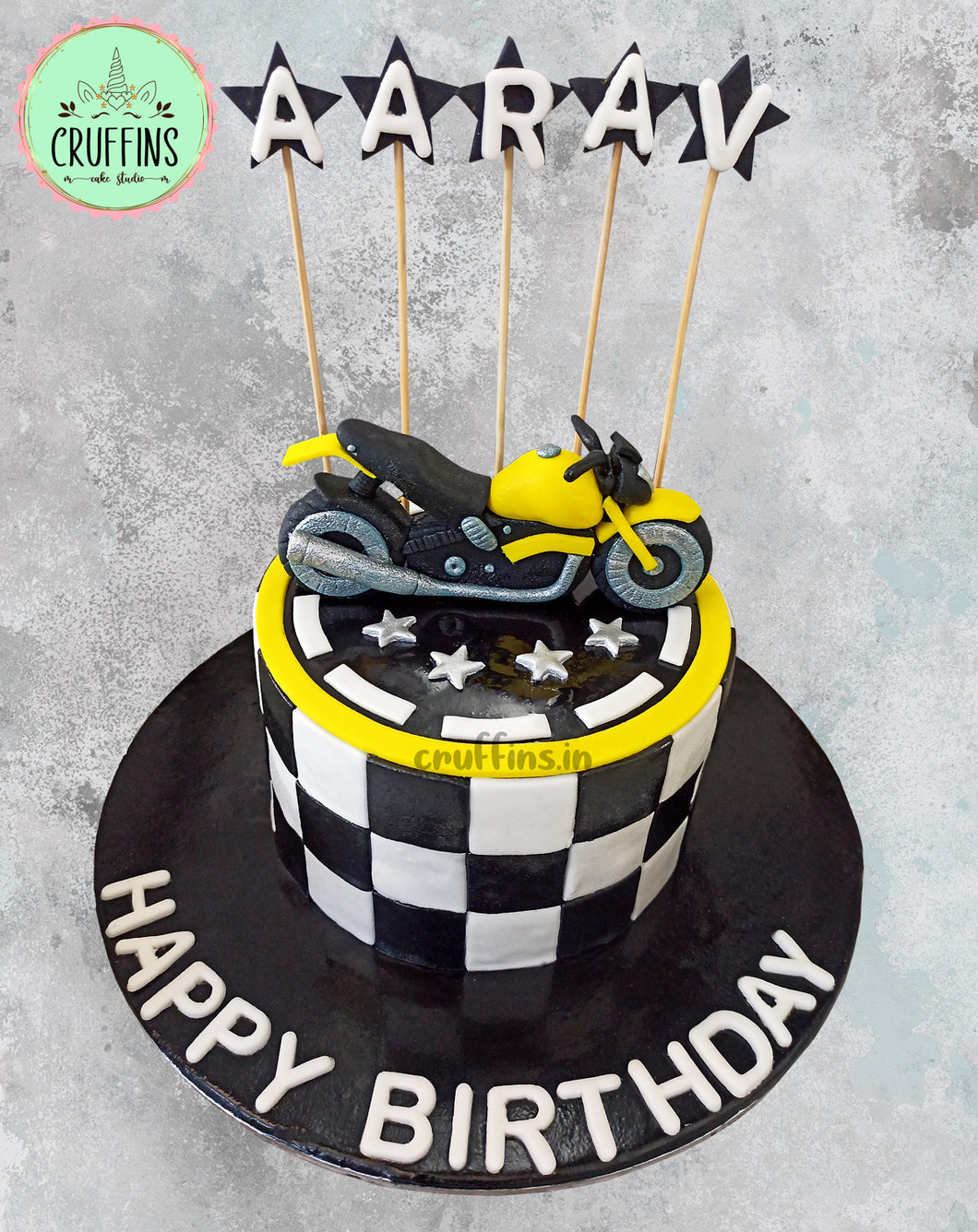 yellow superbike chequered cake